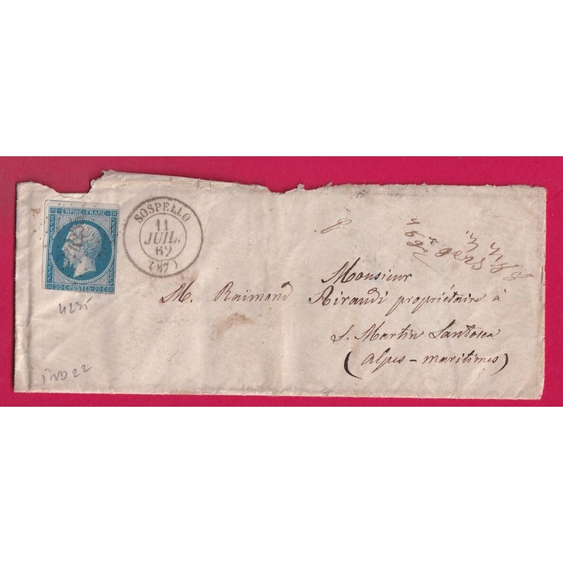 N°14 PC 4235 SOSPELLO SOSPEL ALPES MARITIMES POUR ST MARTIN LANTOSCA INDICE 22 LETTRE COVER