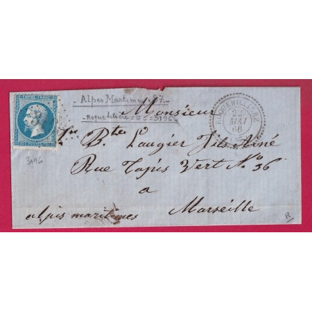 N°22 GC 3196 ROQUEBILLIERE ALPES MARITIMES CAD TYPE 22 POUR MARSEILLE LETTRE COVER