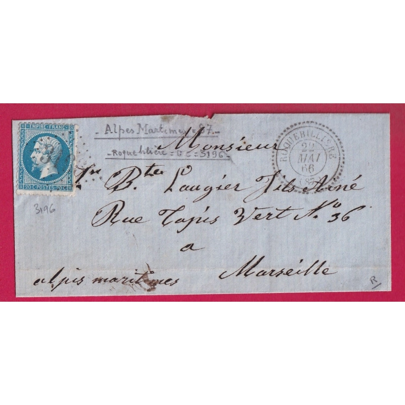 N°22 GC 3196 ROQUEBILLIERE ALPES MARITIMES CAD TYPE 22 POUR MARSEILLE LETTRE COVER