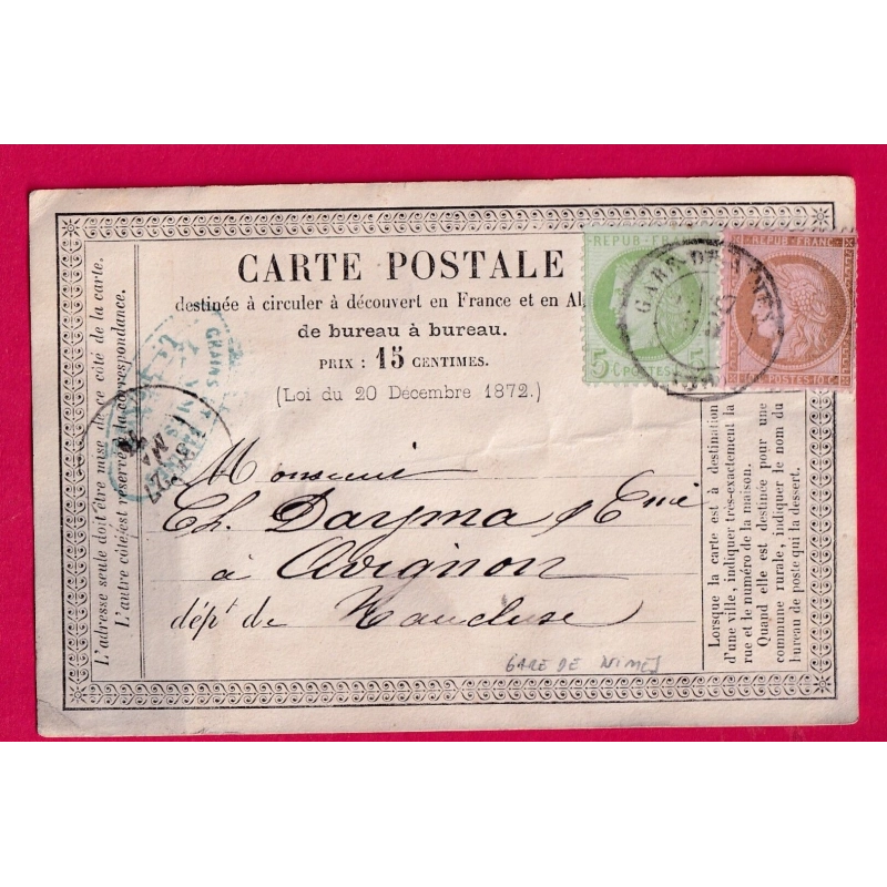 N°53 58 GARE DE NIMES GARD POUR AVIGNON VAUCLUSE CARTE PRECURSEUR LETTRE COVER