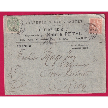 N°111 117 PARIS DEPART LEVEE EXCEPTIONNELLE POUR RIOM POSTE RESTANTE PUY DE DOME LETTRE COVER