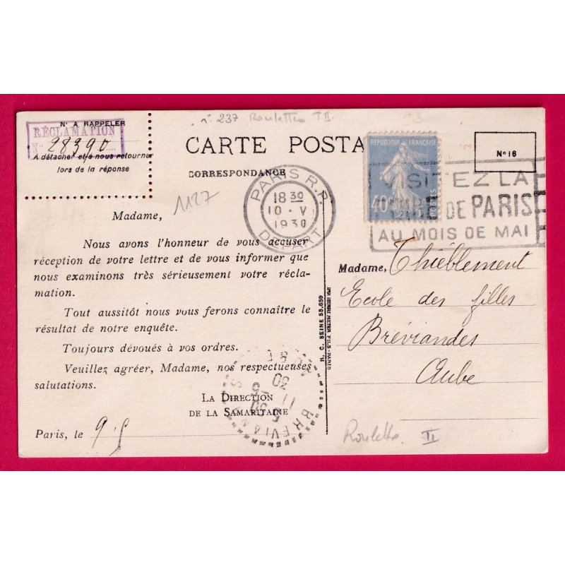 N°237 ROULETTE PARIS 1930 POUR BREVIANDES AUBE LETTRE COVER