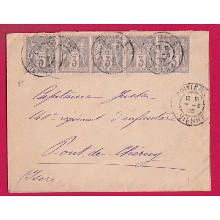 N°87 BANDE DE 5 CAD POITIERS VIENNE 1903 POUR PONT DE CHERUY ISERE LETTRE COVER