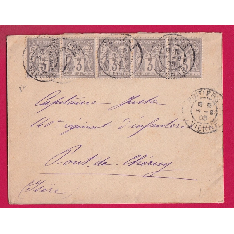 N°87 BANDE DE 5 CAD POITIERS VIENNE 1903 POUR PONT DE CHERUY ISERE LETTRE COVER
