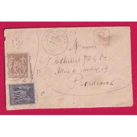N° 80 89 MONT ST JEAN COTE D'OR RECOMMANDE POUR BORDEAUX LETTRE COVER