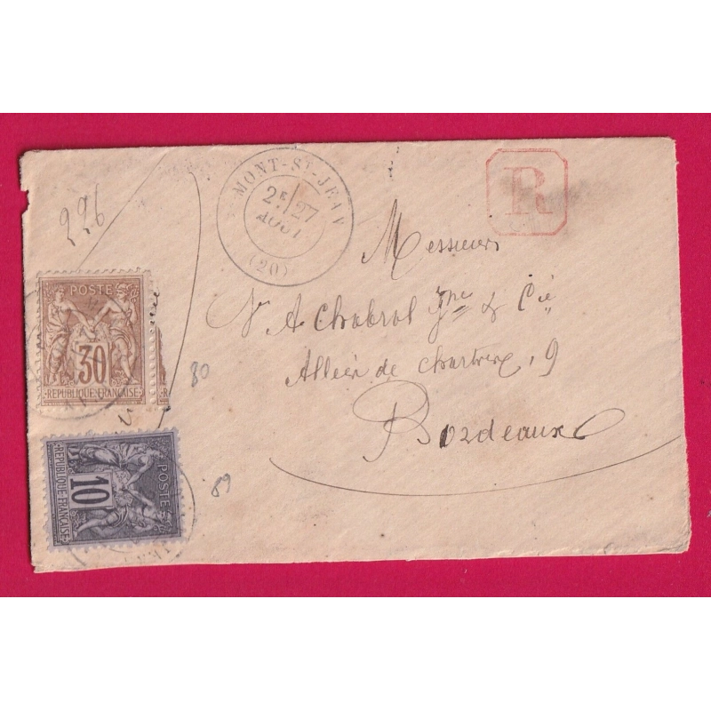 N° 80 89 MONT ST JEAN COTE D'OR RECOMMANDE POUR BORDEAUX LETTRE COVER