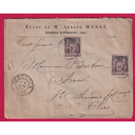 N°97 X2 NERONDES CHER  LETTRE CHARGEE POUR ST AMAND MONTROND 1889 COVER