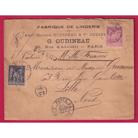 N°59 104 PARIS 24 R DE CLERY LETTRE CHARGEE POUR LILLE NORD 1900 COVER