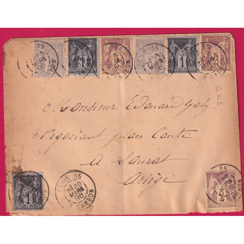 N°83 X3 85 X3 87 X2 PARIS 35 R CAMBON 1896 POUR SAURAT ARIEGE LETTRE COVER