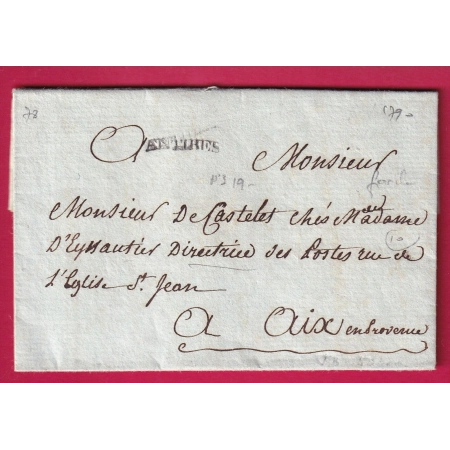 MARQUE ANTIBES VAR ALPES MARITIMES EN FRANCHISE DES POSTES POUR AIX EN PROVENCE 1790 LETTRE COVER