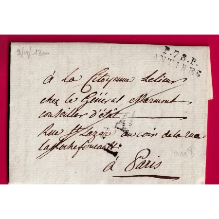 MARQUE P78P ANTIBES VAR ALPES MARITIMES + PP BONNET PHRYGIEN AN 8 1800 POUR PARIS LETTRE COVER