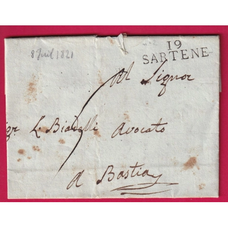 MARQUE 19 SARTENE CORSE 1821 POUR BASTIA INDICE 16 CACHET ARRIVE SPECIALE A BASTIA LETTRE COVER