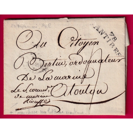 MARQUE 78 ANTIBES CONTRESEING DE FRANCHISE LE COMMISSAIRE MARITIME POUR TOULON 1800 VAR ALPES MARITIMES LETTRE COVER