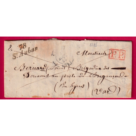 CURSIVE 78 ST AUBAN VAR + PP ROUGE 1848 POUR HYERES INDICE 14 LETTRE COVER