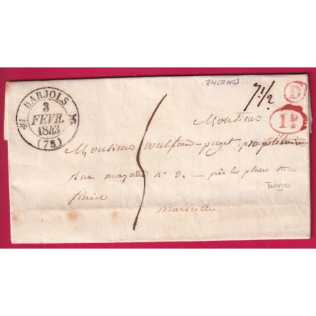 CAD TYPE 12 BARJOLS VAR BOITE RURALE D EN ROUGE TAVERNES 1843 POUR MARSEILLE LETTRE COVER