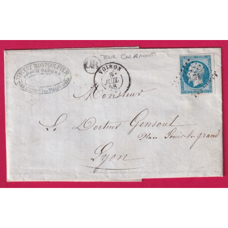 N°14 PC 3671 VOIRON ISERE OR TOUR CLERMONT POUR LYON 1858 LETTRE COVER