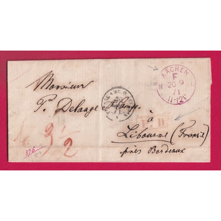 CACHET DE FRANCHISE MILITAIRE GUERRE 1870 AACHEN AIX LA CHAPELLE ALLEMAGNE 1871 POUR LIBOURNE GIRONDE LETTRE COVER