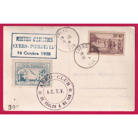 MEETING AVIATION CUERS PIERREFEU VAR 1938 + VIGNETTE CARTE POSTALE PHOTO LETTRE COVER