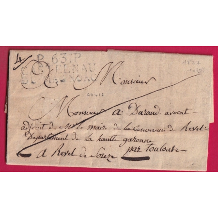 MARQUE P63P CASTELNAU DE MAGNOAC EN NOIR HAUTES PYRENEES 1827 POUR REVEL HAUTE GARONNE INDICE 15 LETTRE COVER