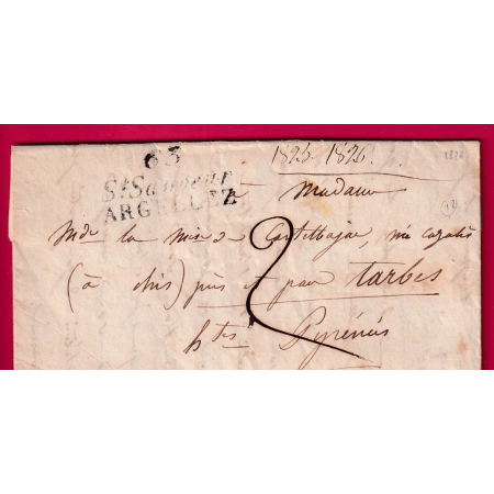 DOUBLE CURSIVE 63 ST SAUVEUR ARGELEZ 1826 HAUTES PYRENEES POUR TARBES INDICE 18 LETTRE COVER