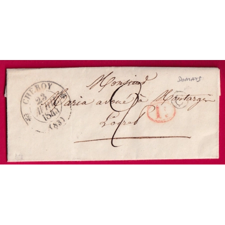 CAD TYPE 12 CHEROY YONNE BOITE RURALE C DOMATS + DECIME RURAL 1844 POUR MONTARGIS LOIRET LETTRE COVER