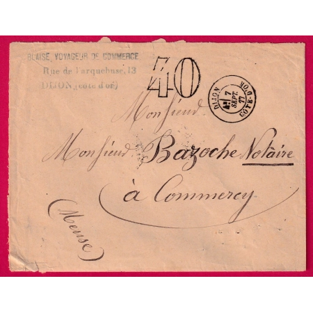 TAXE TAMPON 40 DIJON COTE D'OR 1877 POUR COMMERCY MEUSE 1877 LETTRE COVER