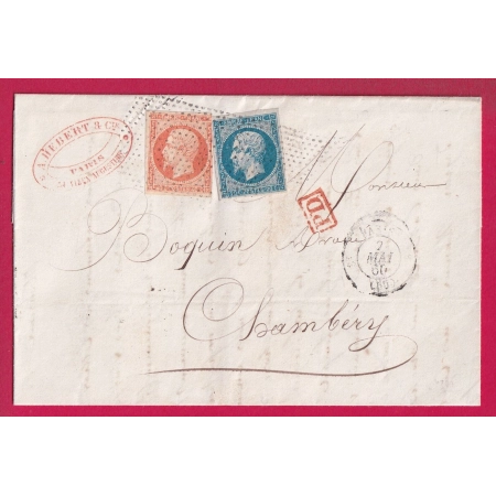 N°14 16 ROULETTE POINTILLES FINS PARIS POUR CHAMBERY SAVOIE ETATS SARDES 7 MAI 1860 LETTRE COVER