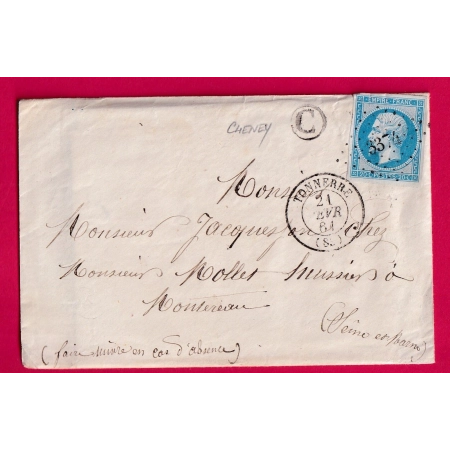 N°14 PC 3374 TONNERRE YONNE BOITE RURALE C CHENEY POUR MONTEREAU SEINE ET MARNE LETTRE COVER