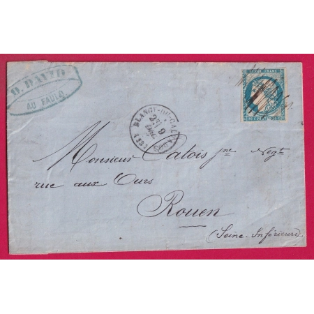 N°44 ANNULATION PLUME CAD TYPE 16 BLANGY DU CALVADOS POUR ROUEN LETTRE COVER