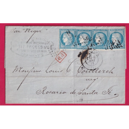 N°60 X4 GC 532 BORDEAUX CAD SECTION DE LEVEE POUR ROSARIO DE SANTA FE ARGENTINE 1873 LETTRE COVER