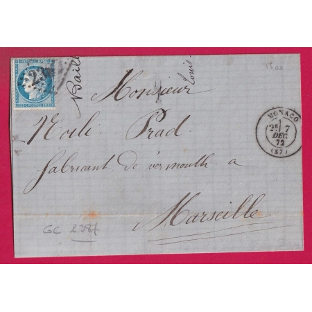 N°60 GC 2387 MONACO ALPES MARITIMES 1872 POUR MARSEILLE LETTRE COVER
