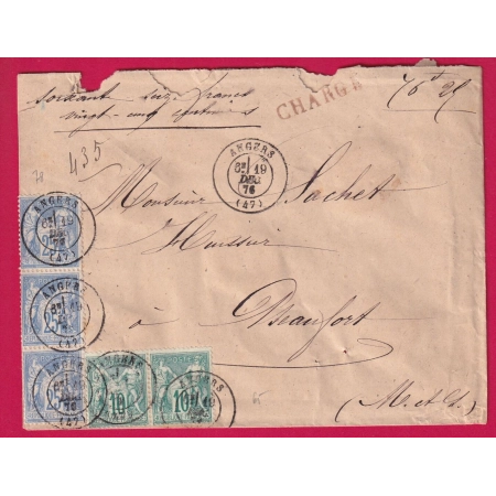 N°65 X2 78 X3 ANGERS MAINE ET LOIRE POUR BEAUFORT EN VALLEE LETTRE CHARGE 1876 LETTRE COVER