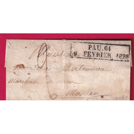 MARQUE ESSAI FEVRIER 1828 PAU BASSES PYRENEES POUR MONEINS RARE INDICE 24 LETTRE