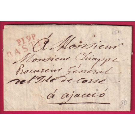 MARQUE P19P BASTIA CORSE EN ROUGE 1811 POUR AJACCIO INDICE 14 LETTRE COVER