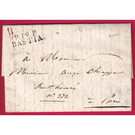 MARQUE P19P BASTIA CORSE 1826 POUR PARIS INDICE 14 TAXE 14 AU DOS LETTRE COVER