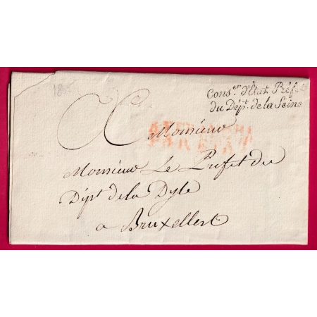 FRANCHISE CONSEILLER ETAT PREFET DEPARTEMENT DE LA SEINE PARIS 1805 POUR BRUXELLES BELGIQUE LETTRE COVER