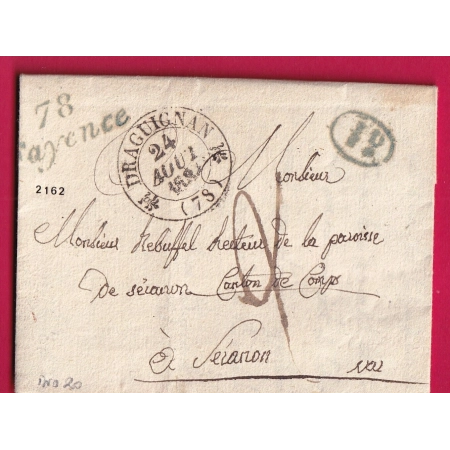 CURSIVE 78 FAYENCE EN BLEU 1834 DECIME RURAL BLEU DE CALLAS POUR SERANON ALPES MARITIMES LETTRE COVER