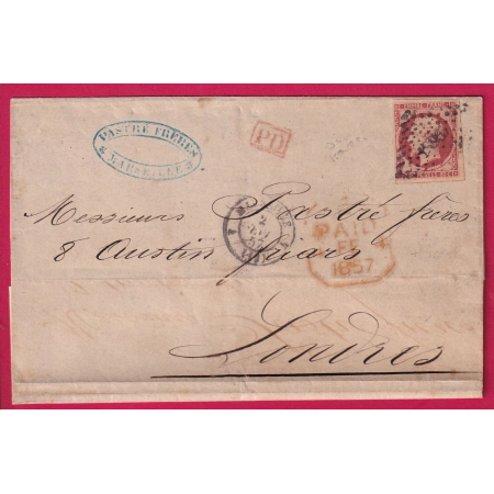 N°17 A TIRANT SUR VERMILLONNE PC 1895 MARSEILLE 4 12 4 POUR LONDRES 1857 LETTRE COVER