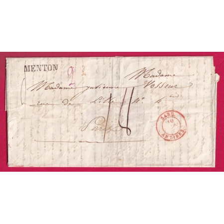MARQUE SARDE MENTON ALPES MARITIMES POUR PARIS TAXE 18 RARE LETTRE COVER