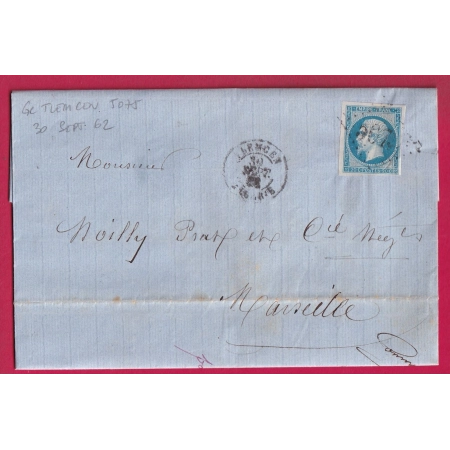 N°14 GC 5075 TLEMCEN ALGERIE DU 30 SEPTEMBRE 1862 PRECOCE POUR MARSEILLE LETTRE COVER