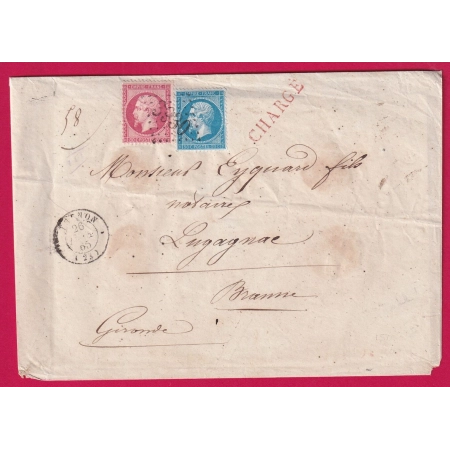 N°22 24 GC 3930 THENON DORDOGNE LETTRE CHARGE POUR LUGAIGNAC PAR BRANNE GIRONDE LETTRE COVER