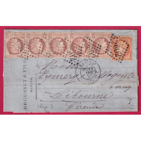 N°38 + 51 BANDE DE 5 GC 2602 NANTES LOIRE INFERIEURE 12 JANVIER 1876 POUR LIBOURNE GIRONDE LETTRE COVER