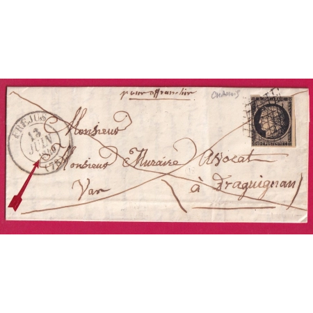 N°3 SUR CHAMOIS GRILLE + CAD TYPE 13 FREJUS VAR POUR DRAGUIGNAN 13 JUIN 1849 LETTRE COVER