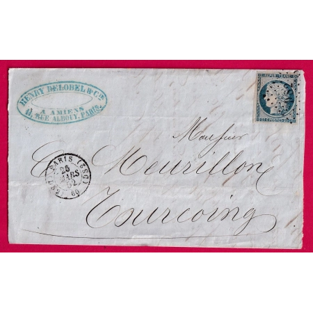 N°4 PARIS DS2 60 DS2 LOSANGE DS2 ROMAIN POUR TOURCOING NORD 1852 LETTRE COVER