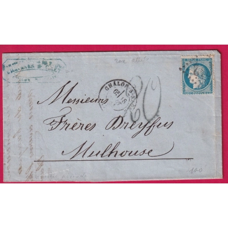 N°37 CHALON SUR SAONE ET LOIRE TAXE TAMPON 20 ALLEMANDE MULHOUSE HAUT RHIN ALSACE LORRAINE GUERRE 1870 LETTRE COVER