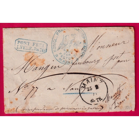 GUERRE 1870 PRISONNIER DE GUERRE MAINZ MAYENCE ALLEMAGNE PRUSSE POUR NANCY MEURTHE ET MOSELLE LETTRE COVER