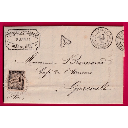 LETTRE DE MARSEILLE SANS TIMBRE TAXE N°18 DUVAL 30C NOIR CAD FB84 GAREOULT VAR SUR TIMBRE TAXE 1891 LETTRE COVER