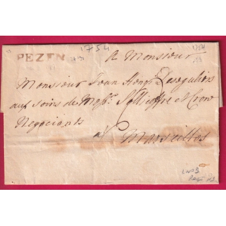 MARQUE PEZENAS HERAULT 1754 EN ROUGE LENAIN N°3 ?? POUR MARSEILLE LETTRE COVER