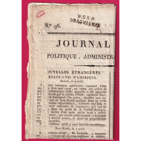 MARQUE P78P DRAGUIGNAN VAR SUR JOURNAL DU VAR COMPLET 1812 TEXTE AMERIQUE CONSTANTINOPLE ETC LETTRE