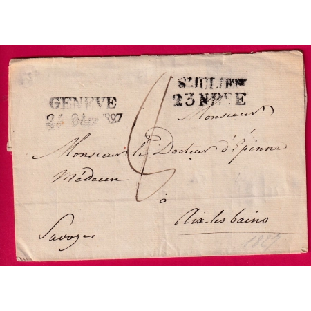 MARQUE GENEVE SUISSE 1827 ENTREE PAR ST JULIEN EN GENEVOIS HAUTE SAVOIE ETATS SARDES POUR AIX LES BAINS LETTRE